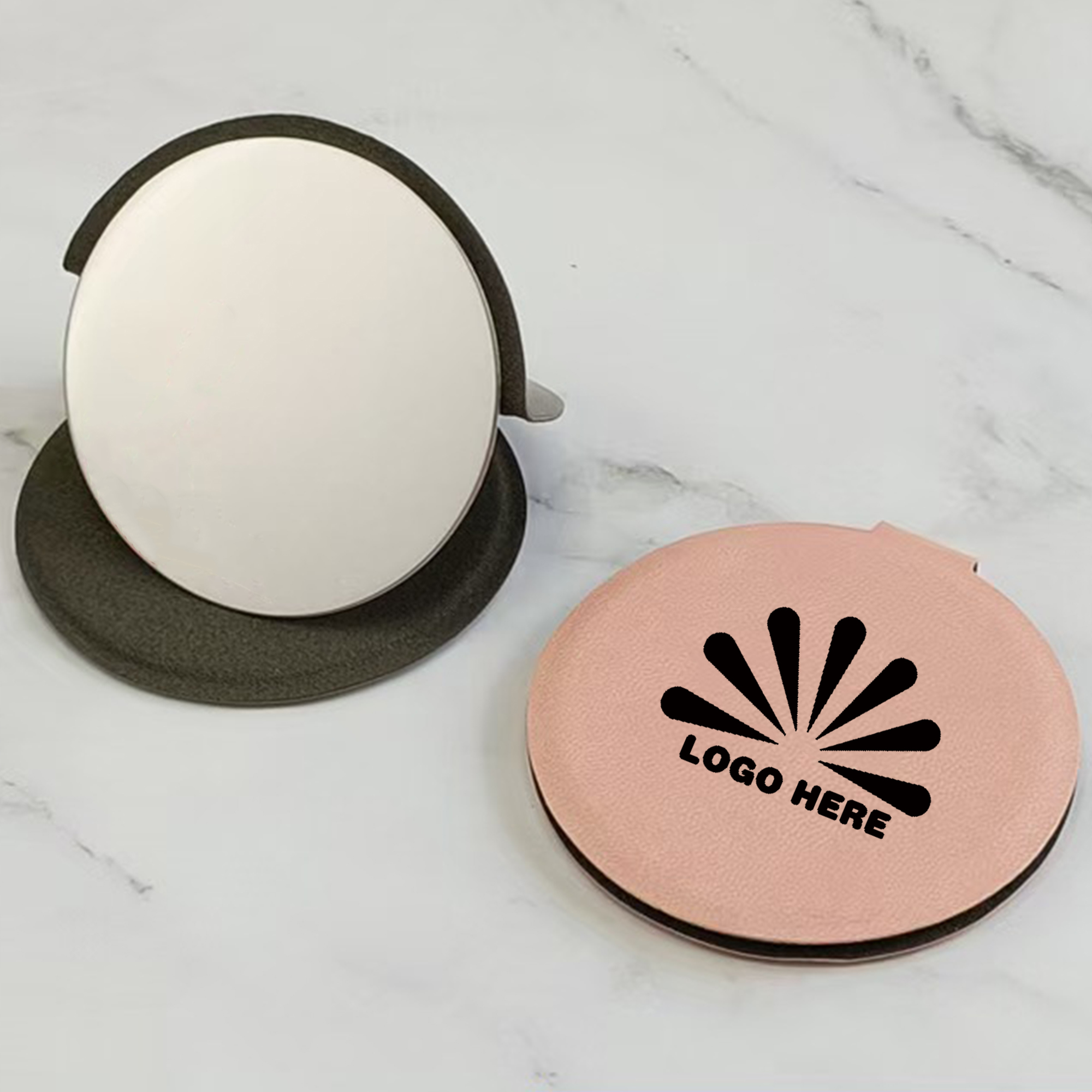 Round Portable Stainless Steel Pu Makeup Mirror 1
