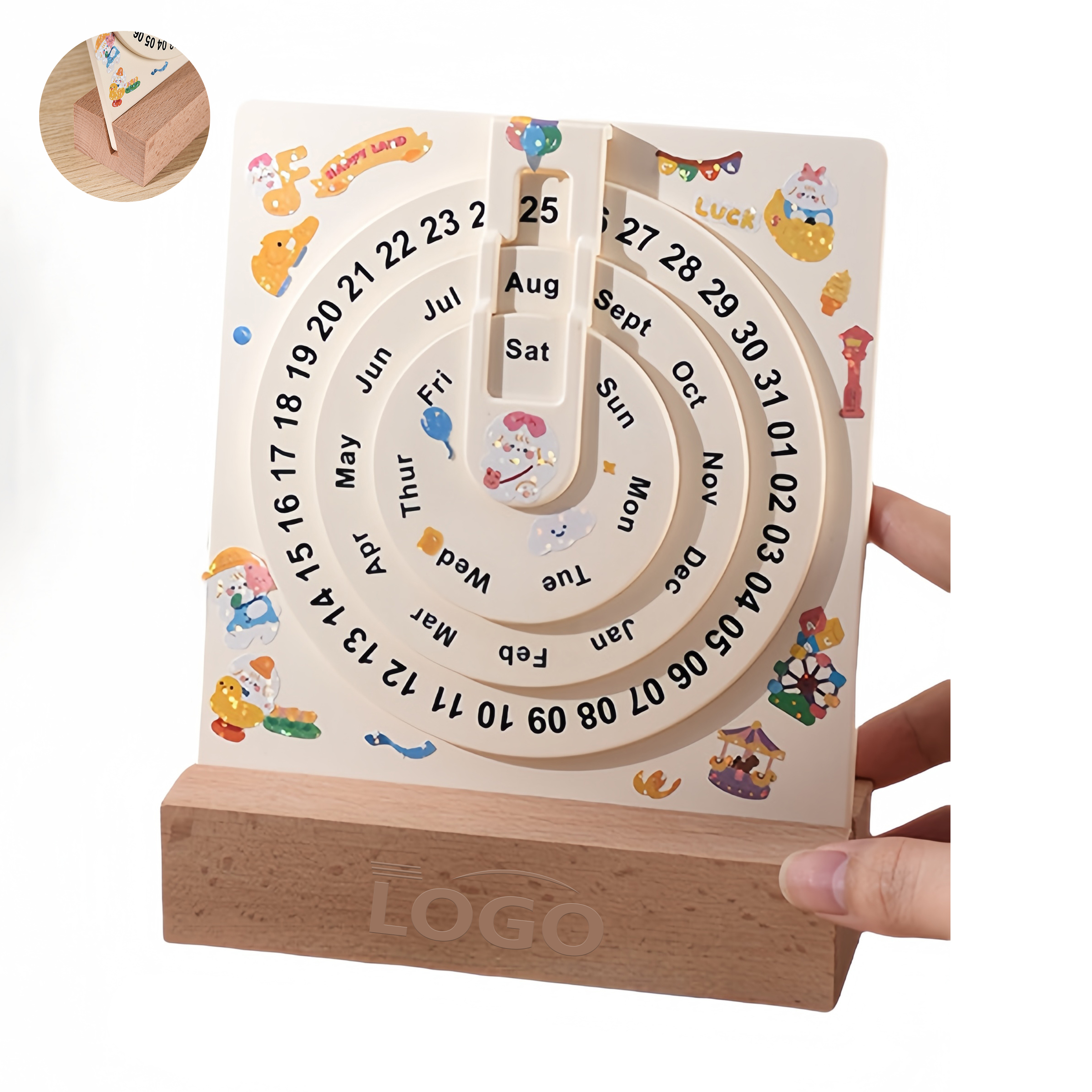 Rotating Perpetual Calendar with Birch Wood Base 1