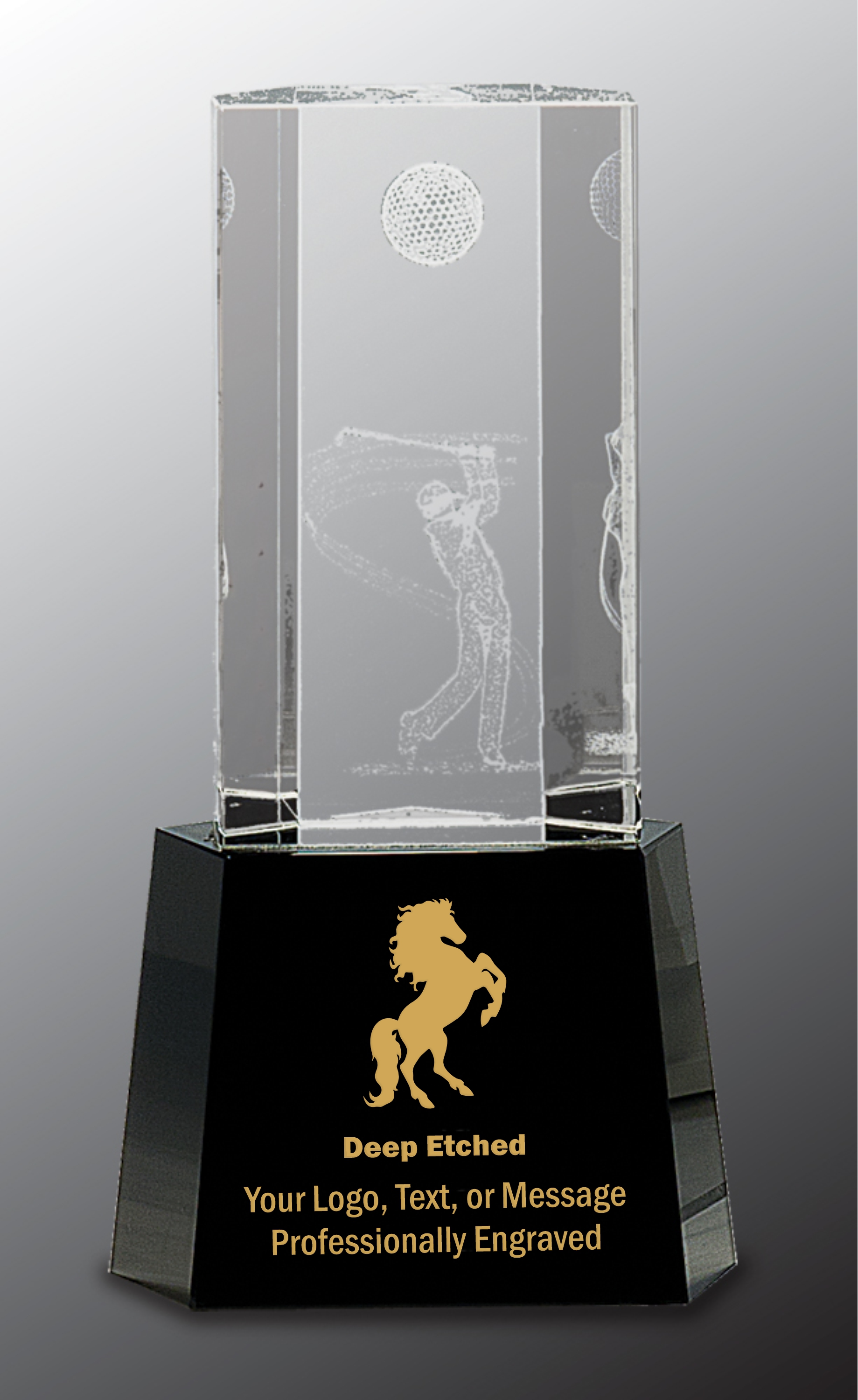 8 1/2" Clear Crystal Golf Scene Award on Black Pedestal Base