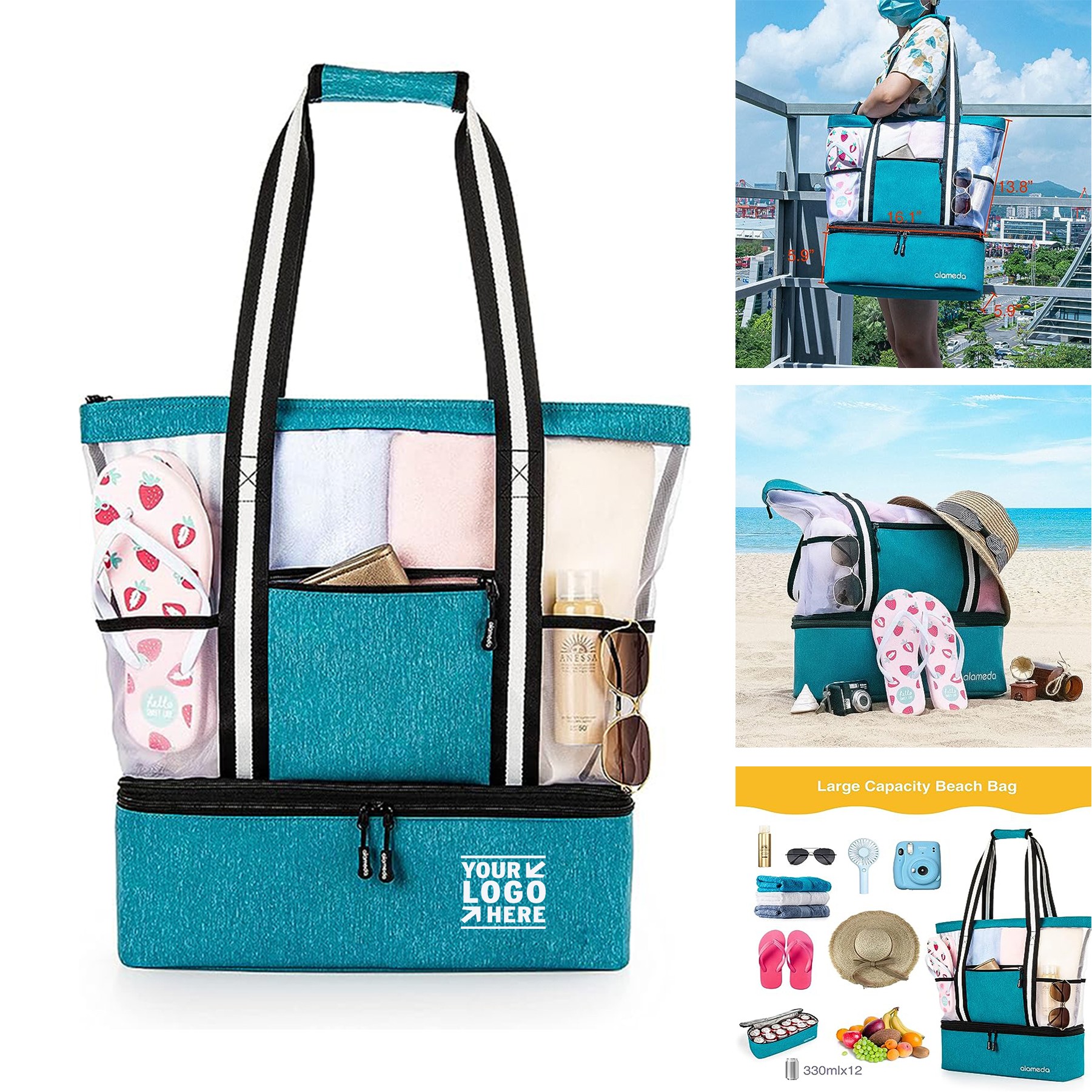 Travel Mesh Tote Beach Insulated Cooler Bag 2