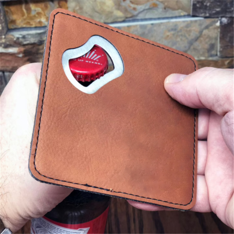 Square Stainless Steel Leathers Coaster Bottle Opener 2