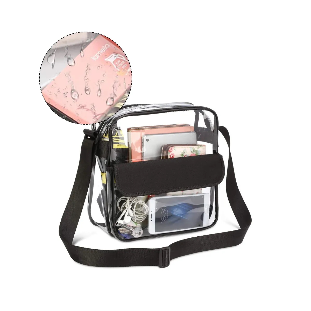 8L Clear PVC Shoulder Bag W/ Flap Closure Adjustable Strap 3