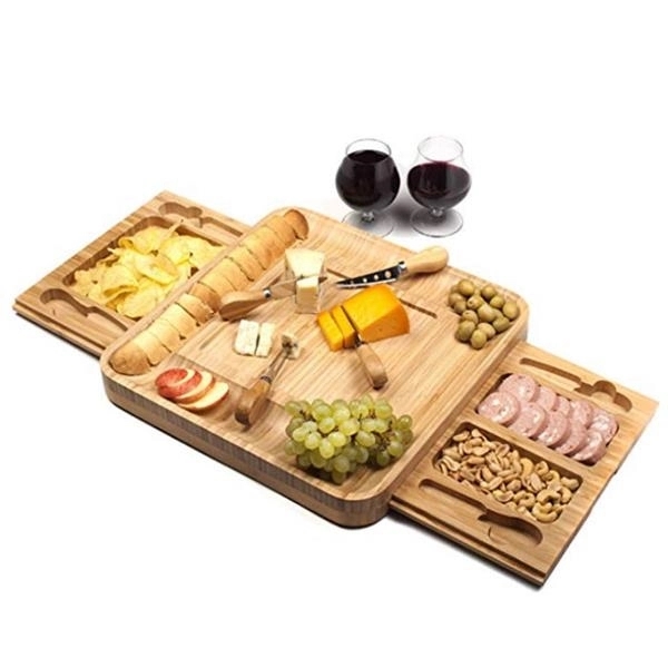 Bamboo Cheese Board& Cutlery Set With Slide-Out Drawer 2