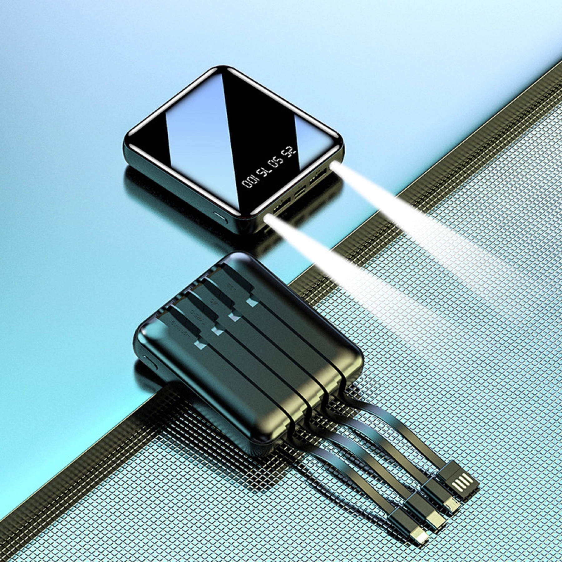 10000 mAh Square Mirror Power Bank with Built-in Cable 3