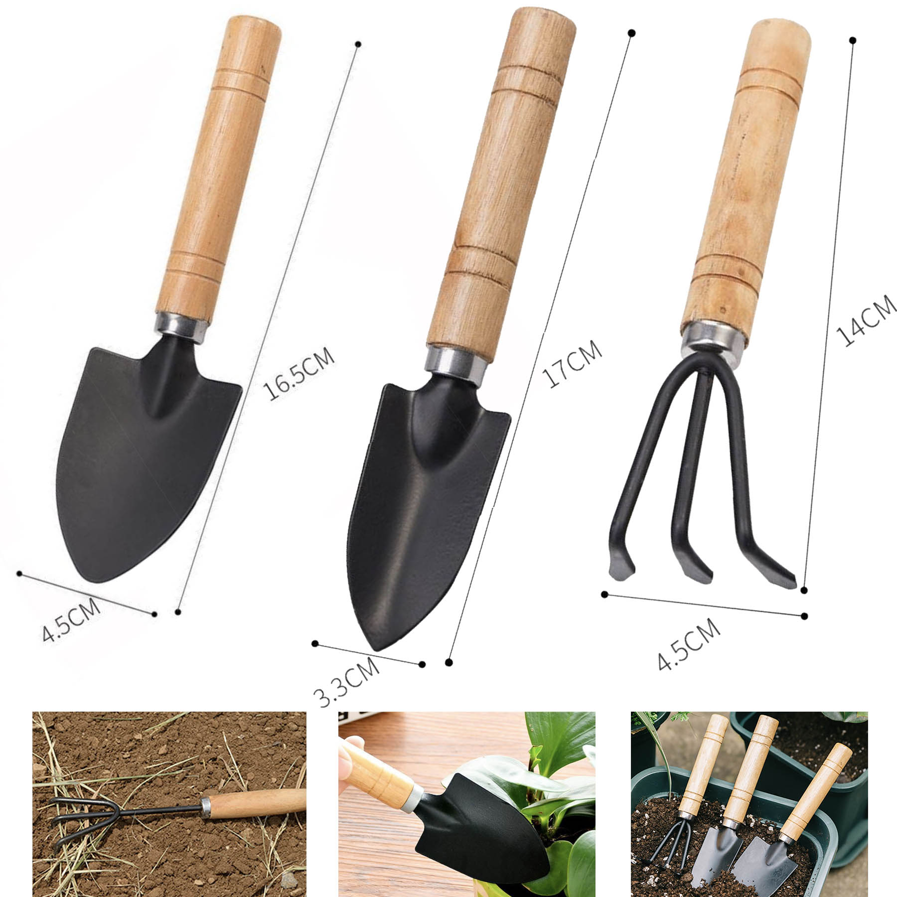 Mini 3 PCS Gardening Tool Set Wood Handle Durable Spade Shovel Rake for Plant 1