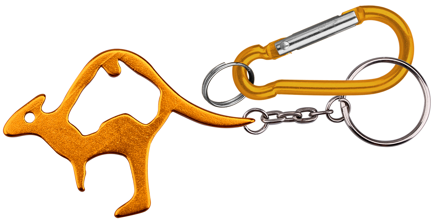 Kangaroo shaped bottle opener with key chain & carabineer. Value Combo! 2