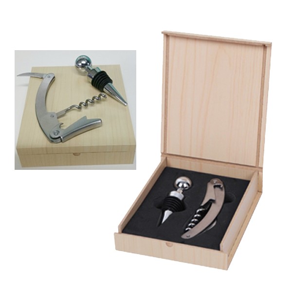 BUDGET WINE OPENER AND STOPPER SET IN LIGHT WOOD COLORED CASE 2