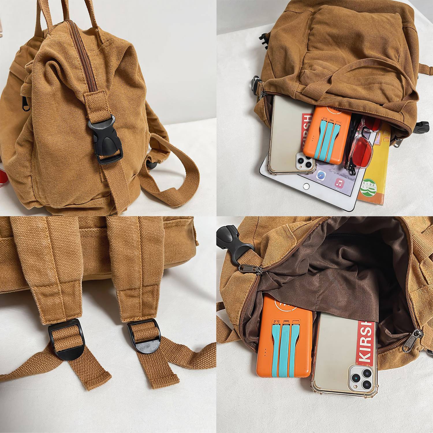 Solid-color Retro Nylon Multi-pocket Backpack 8