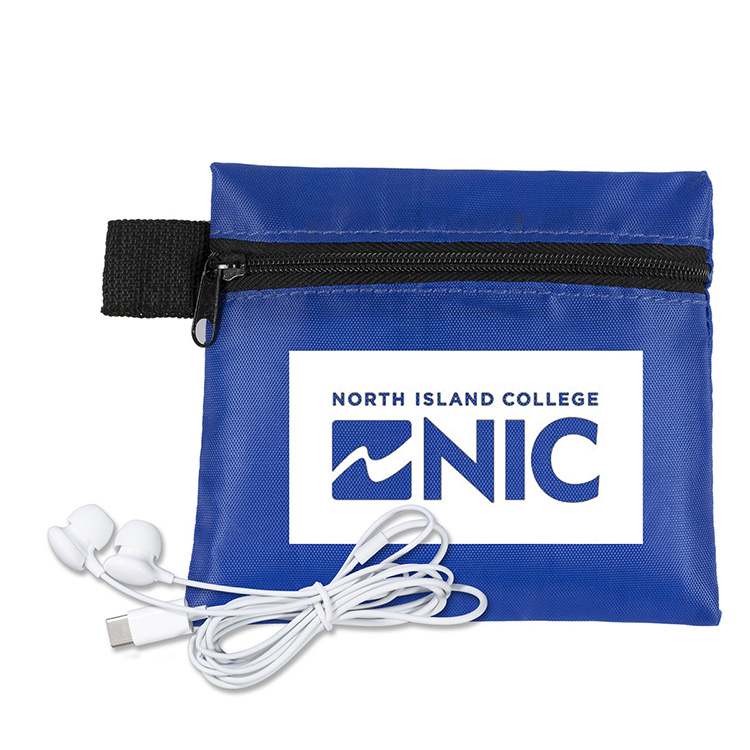 Mobile Tech Earbud Kit In Zipper Pouch Components inserted into Polyester Zipper Pouch 1