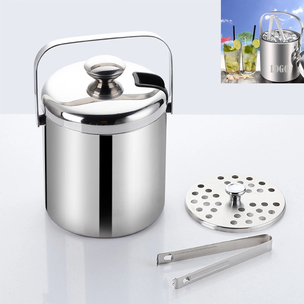 Stainless Steel Double Wall Ice Bucket with Lid and Tongs 3