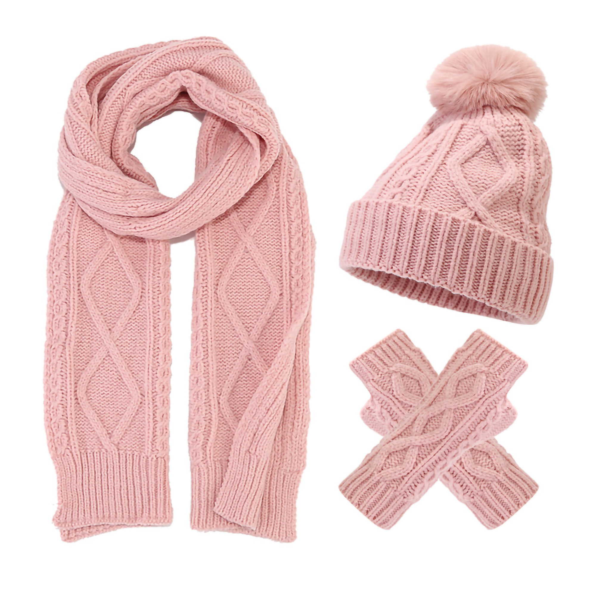 Winter 3Pcs Knit Long Scarf Touch Screen Gloves Set 2