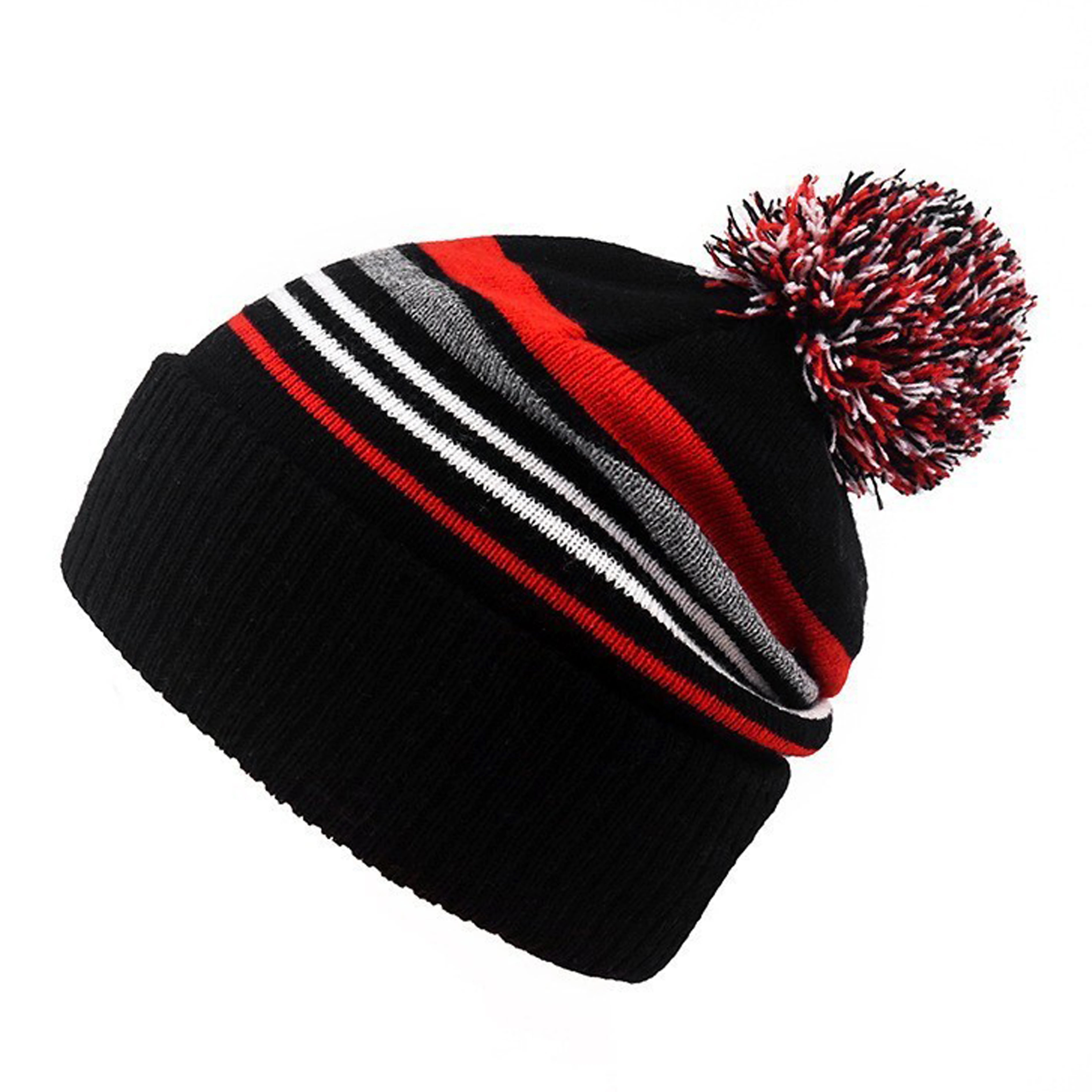 Strip Embroidered Pom Knitted Beanie 7
