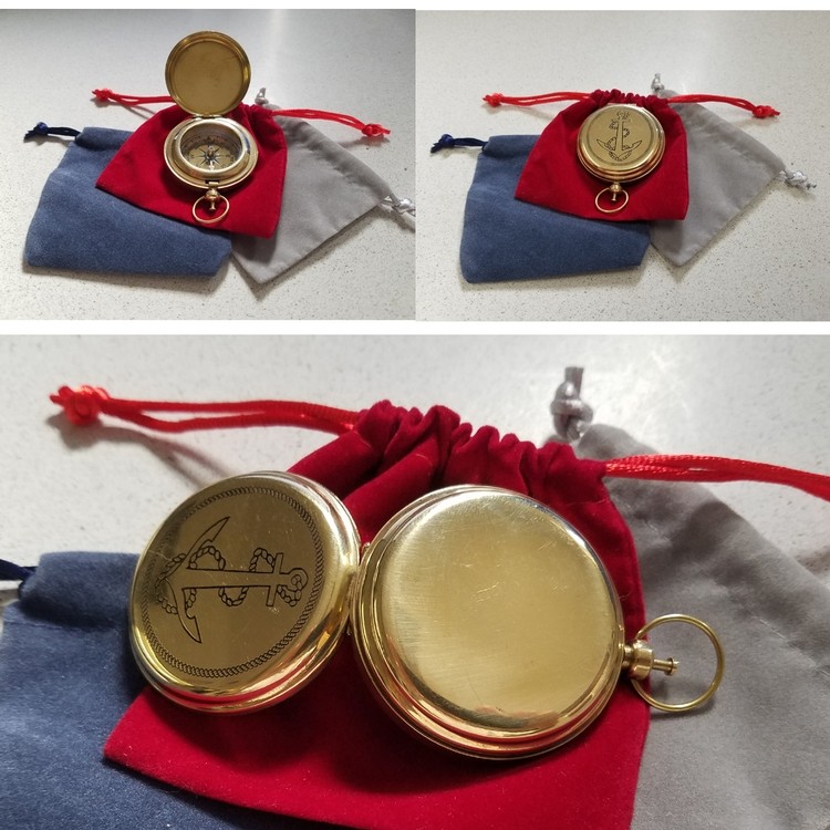 Nautical Antique Solid Brass Pocket Compass in Velvteen Pouch 1