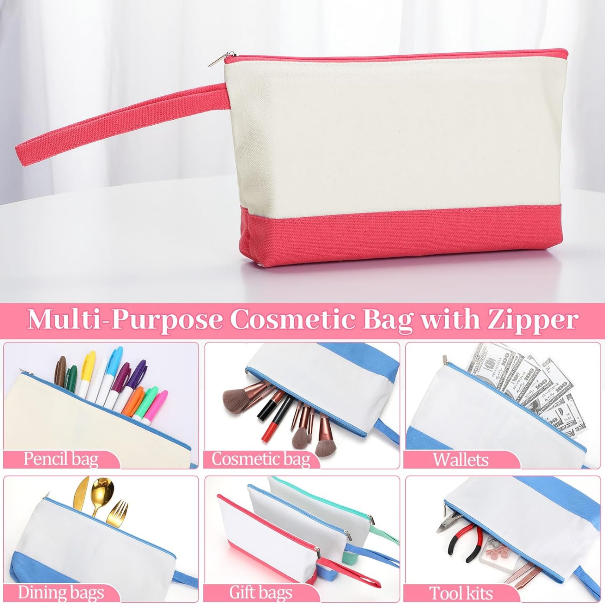 Two Tone Canvas Cosmetic Zipper Bag with Bottom & Strap 13