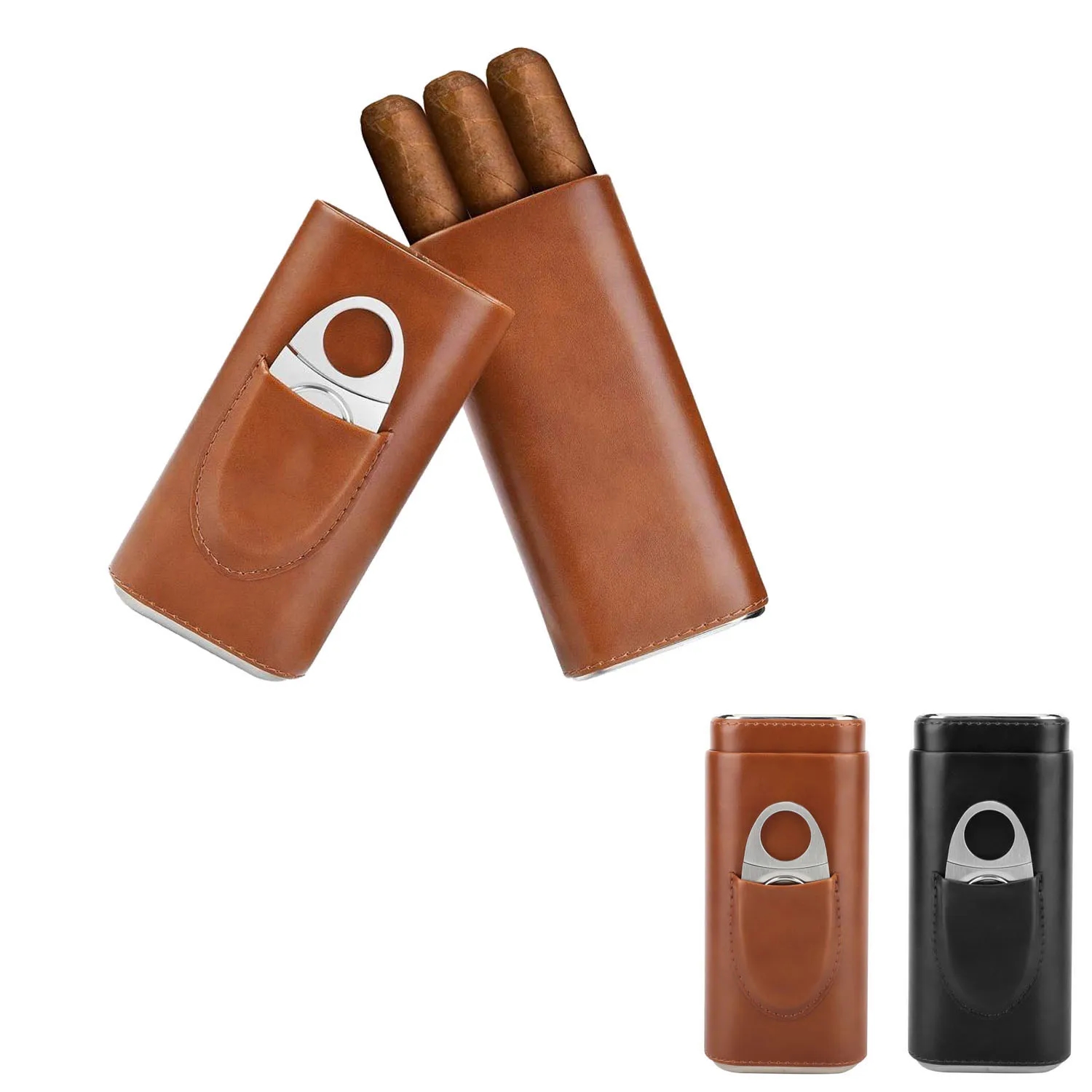 3- Finger Brown Leather Cigar Case with Cutter 5