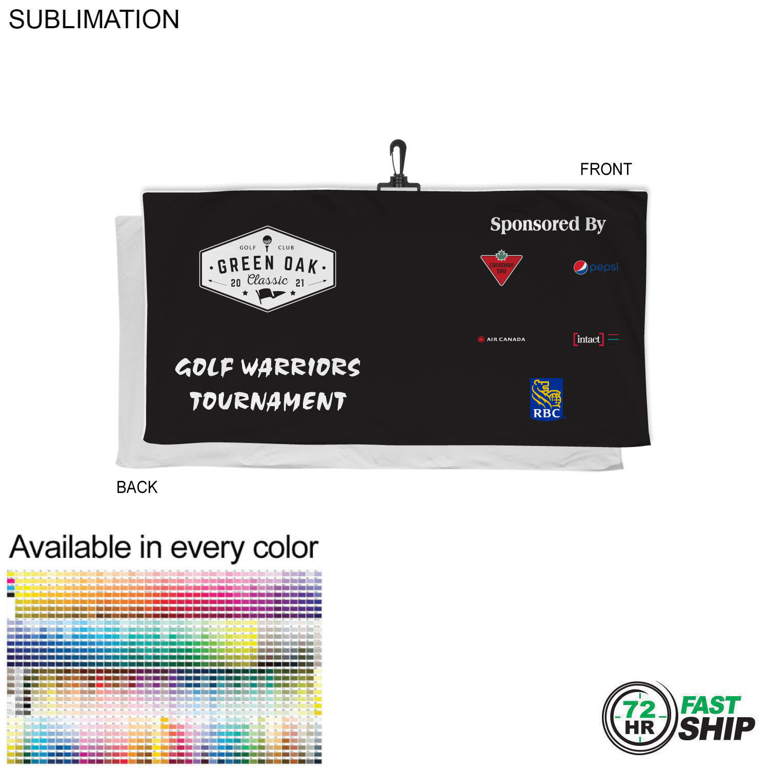 72 Hr Fast Ship - Oversized Golf Towel in Soft Velour Terry, 24x48, with Black Hook, Sublimated 9