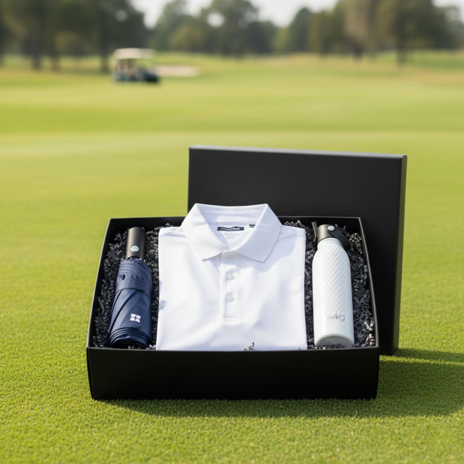 20 oz SWIG® Golf Flip & Sip SS Water Bottle, PGA TOUR® Jaspe Airflux Men's Golf Polo & Weatherman® Umbrella Gift Set 2