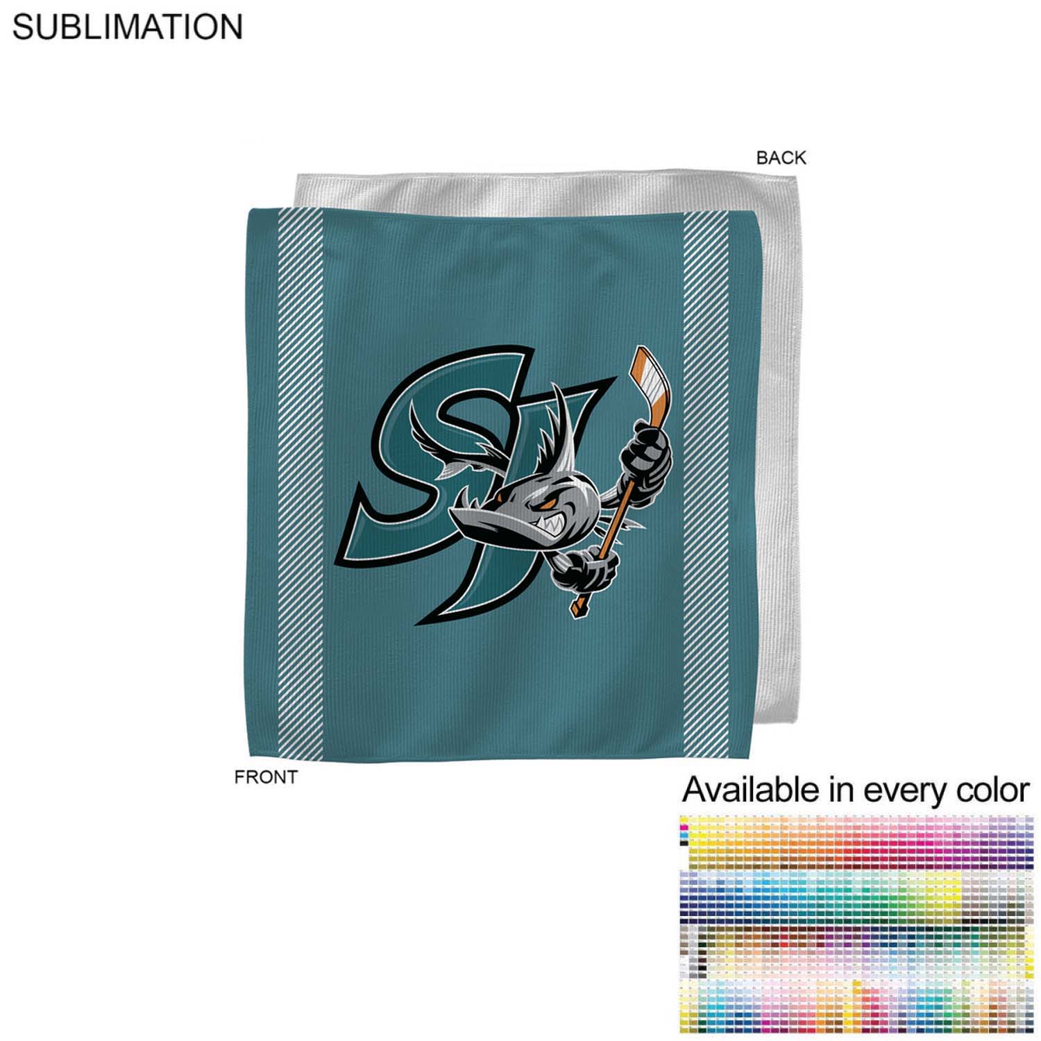Colored Sublimated Rally, Skate Towels with Jersey stripes, 15x15, Sublimated Edge to Edge 1 side 10