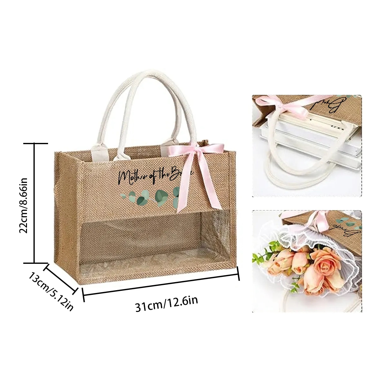 Jute Tote With Clear Window For Wedding Gifts, custom tote bag with logo imprint 3