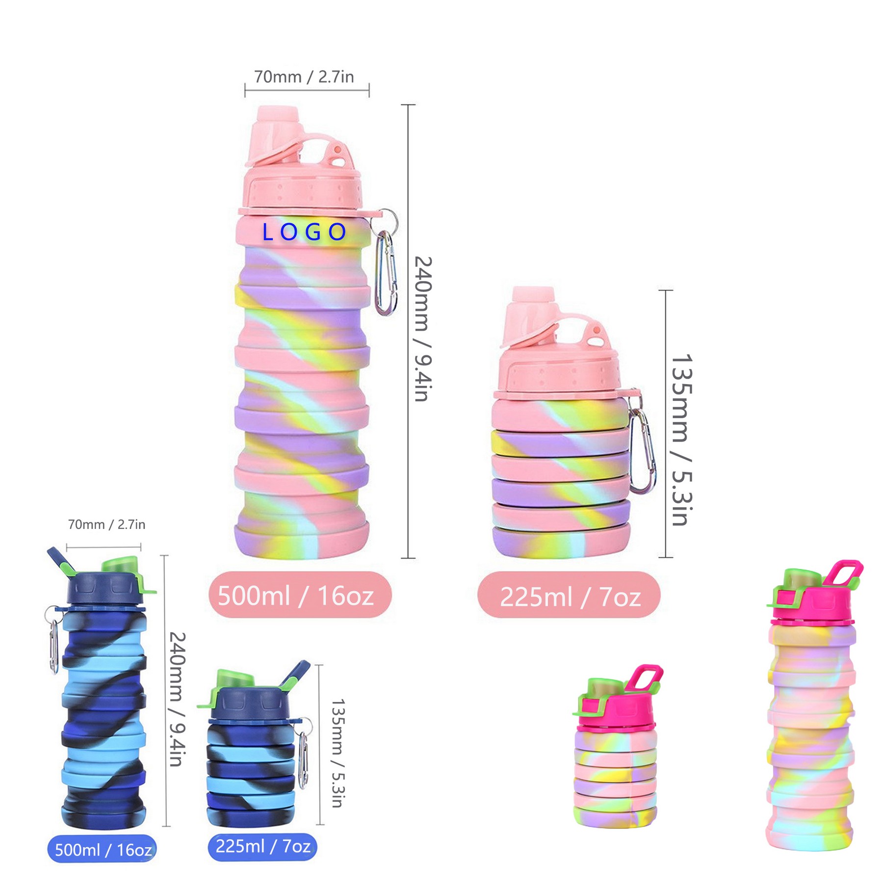 16 Oz Clip-On Collapsible Silicone Water Bottle
