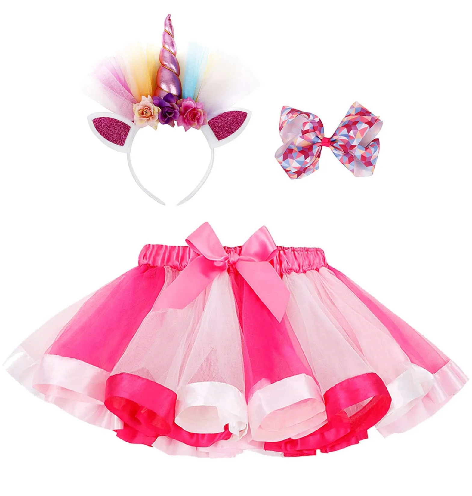 Rainbow Layered Tulle Tutu Skirt Unicorn Headband/Hair Bow 7