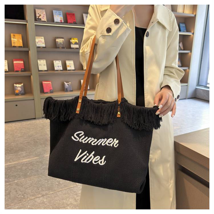 Women Large Beach Canvas Tote Bag Summer Vibes Tassel 2