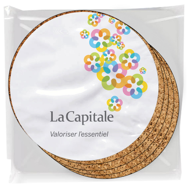 Set of 4 Premium Coasters .100 Gloss Copolyester Top & 1/16" cork base Round Full Colour Imprint