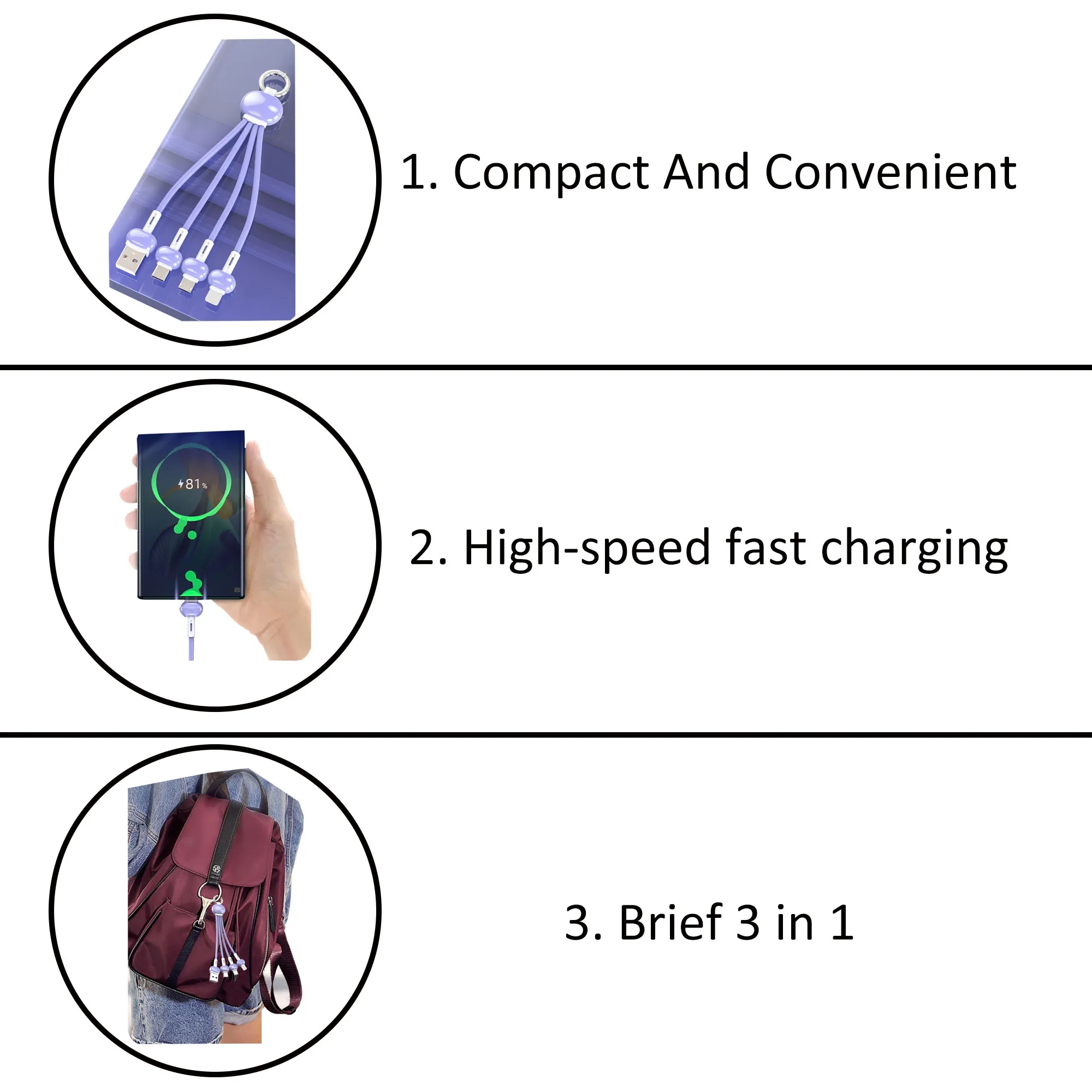 Laser Engraved 3 in 1 Pebble Charging Cable With Keychain 1