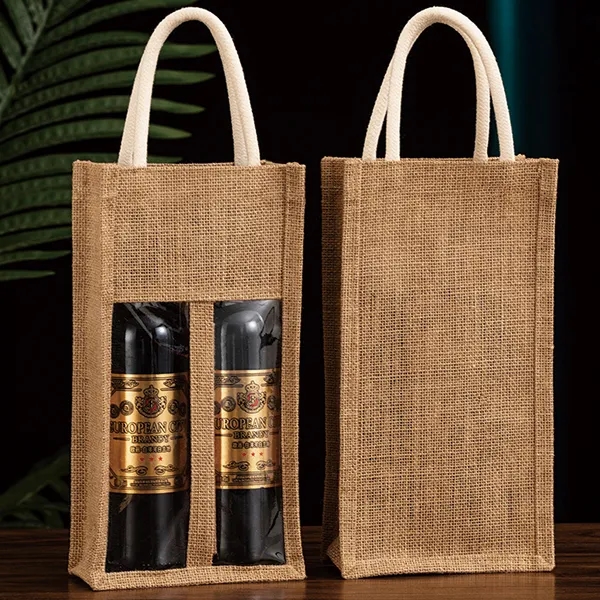 Custom 2 Bottle Burlap Tote bag, custom tote bag with logo imprint 3