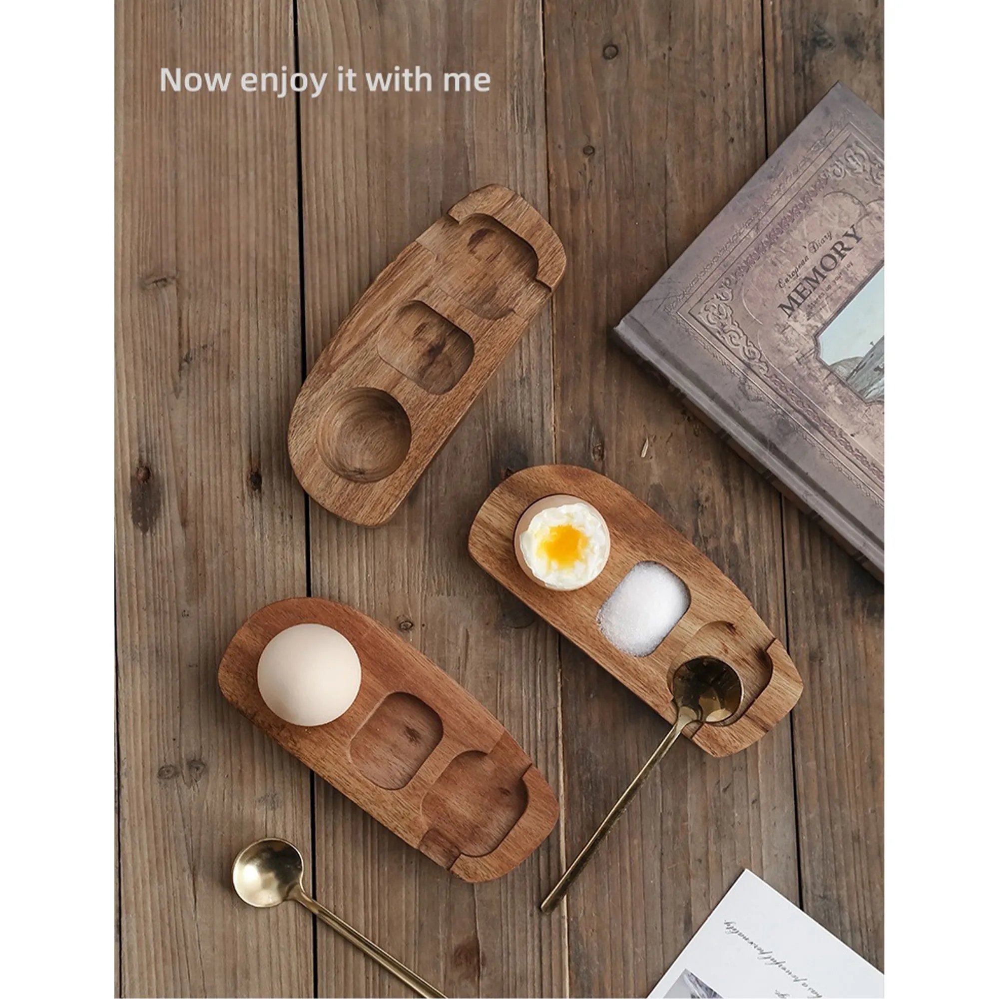 Elegant Wood Egg Tray With Spoon Holder Salt Compartment 6