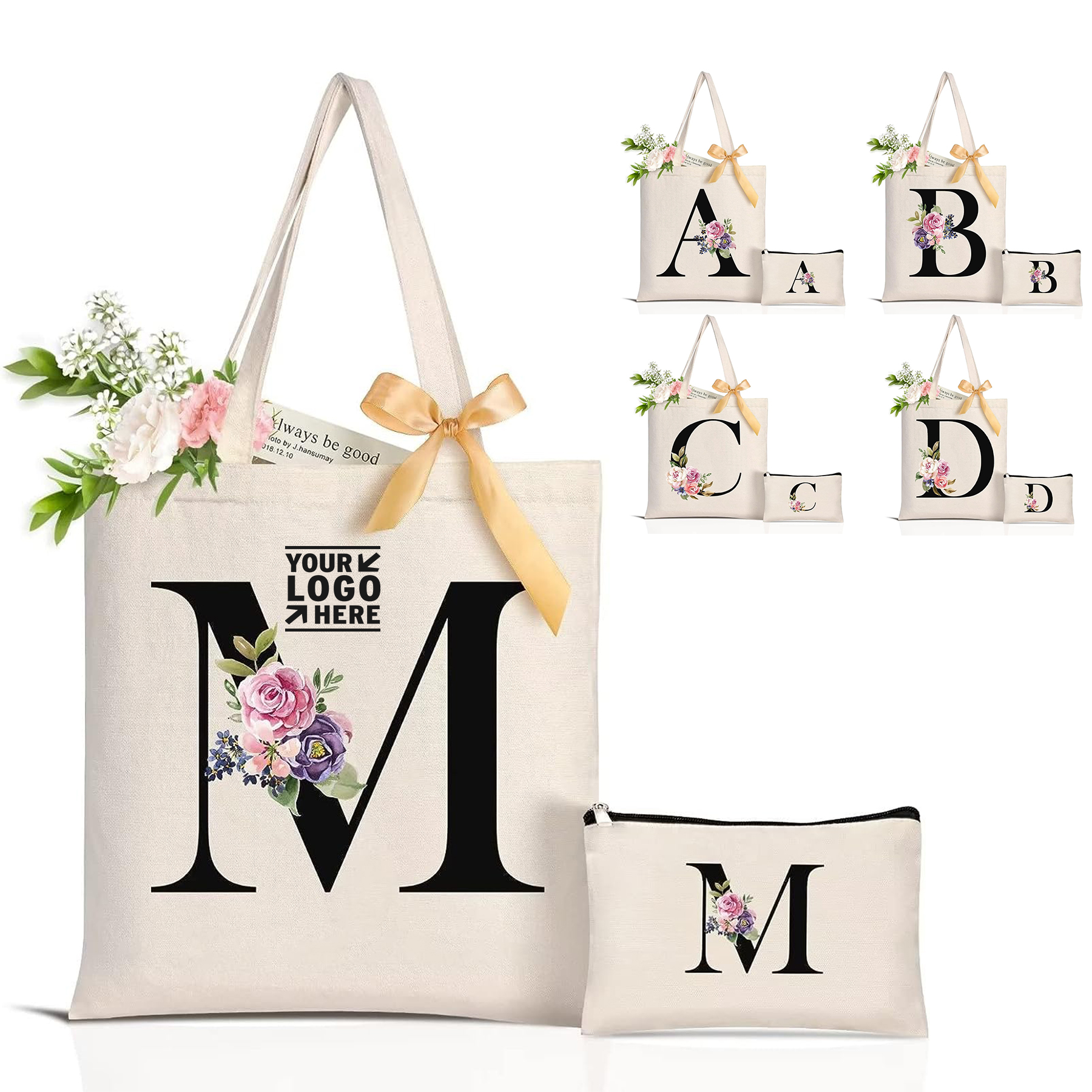 Women Reusable Grocery Monogrammed Gift Personalized Initial Canvas Tote And Makeup Travel Bag  2