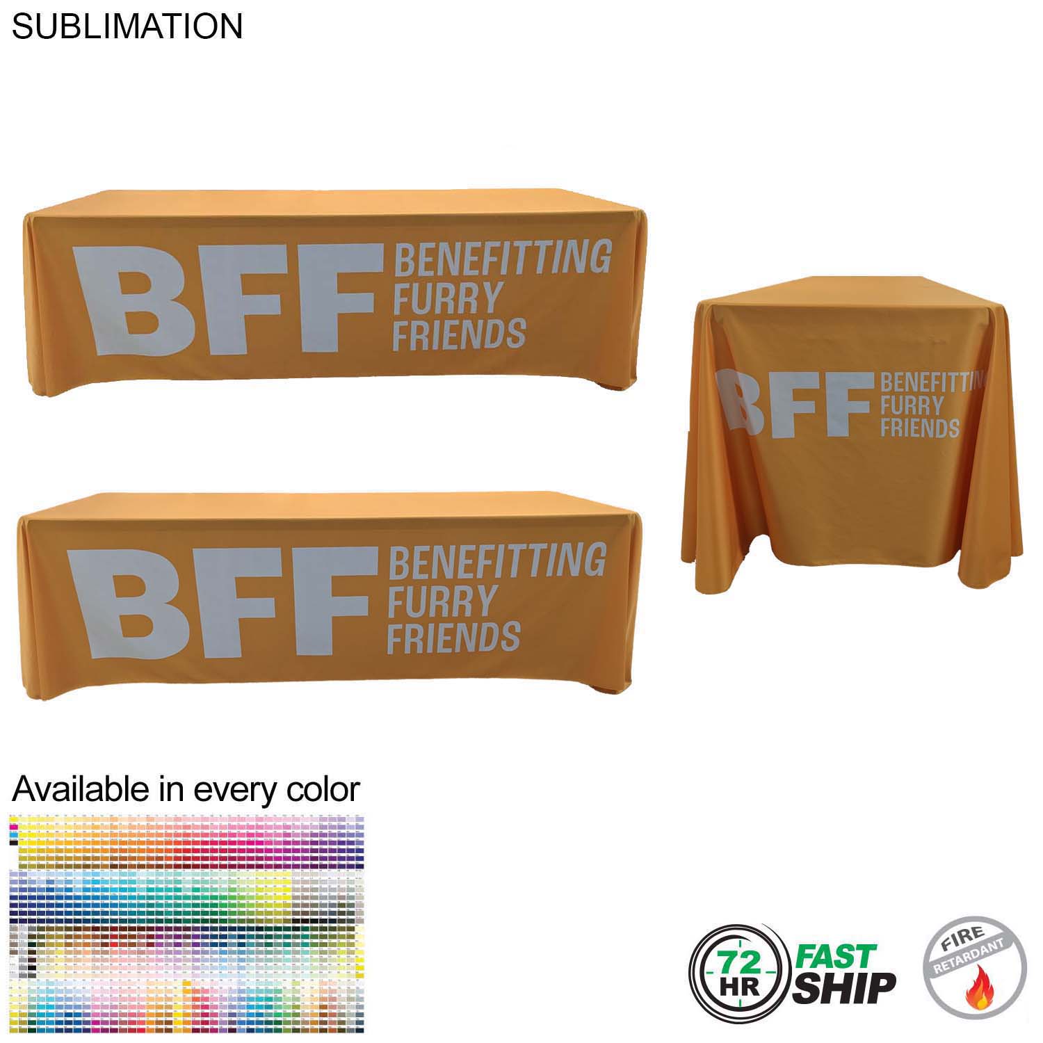 72 Hr Fast Ship - Sublimated PREMIUM Cloth for 8' table, Drape style, Closed Back, Rounded Corners 6