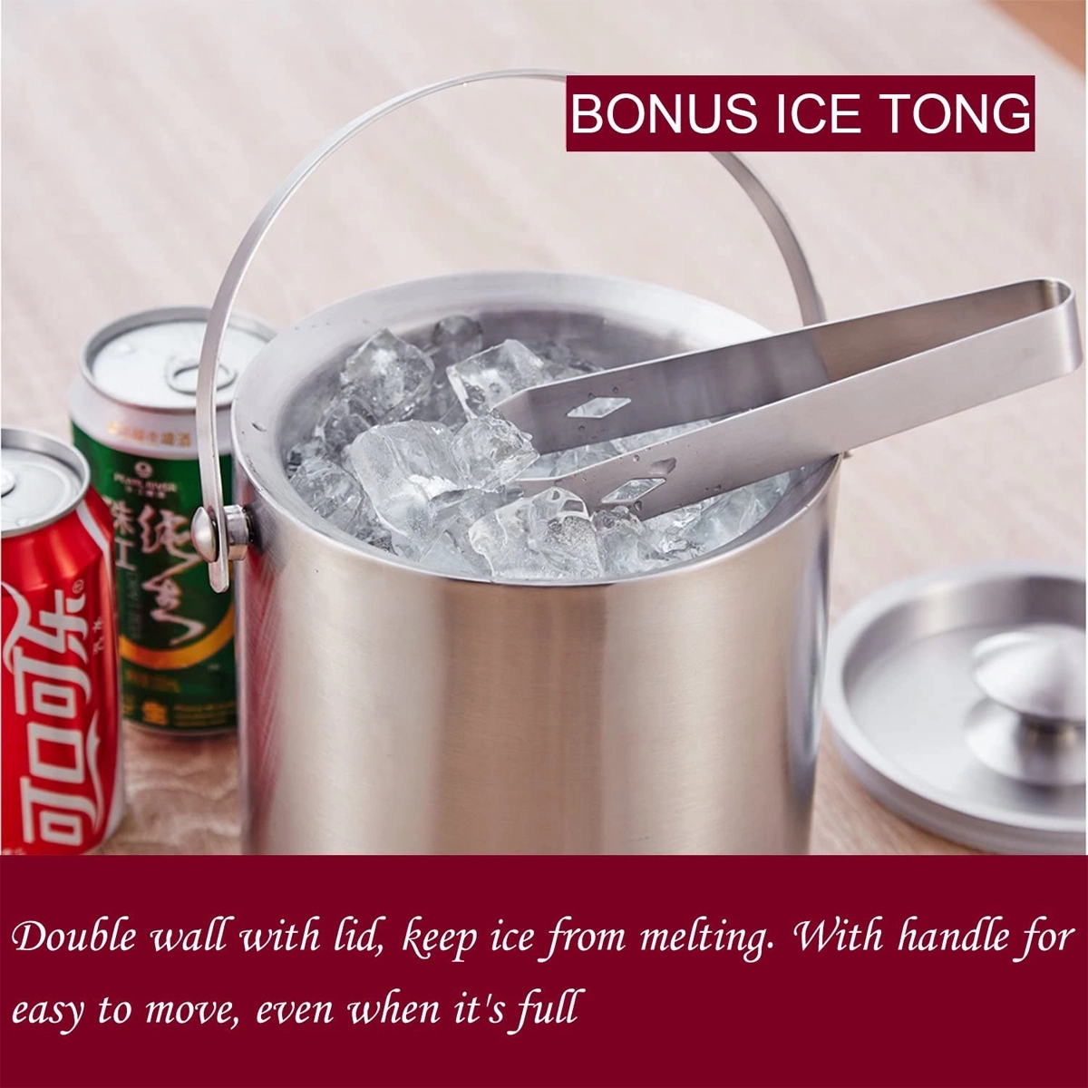 3L Double-wall Ice Bucket with Lid and Tong 5
