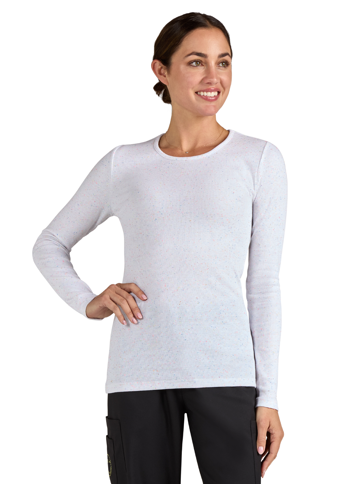 koi - Smiley World - Women's Speckled Rib Smiley Face Elbow Tender Underscrub Tee