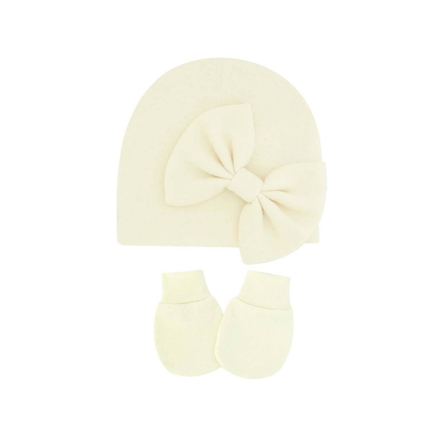 0-6 Months Solid Color Anti Scratch Gloves Bow Baby Hat 7