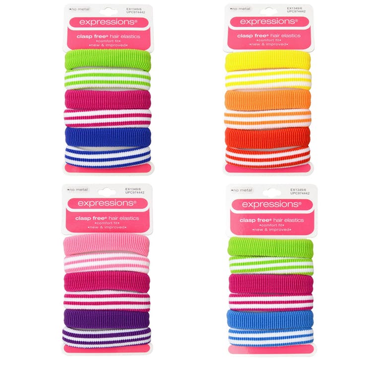 Hair Elastics - Stripes/Solids 6 Piece Assorted Colors 2