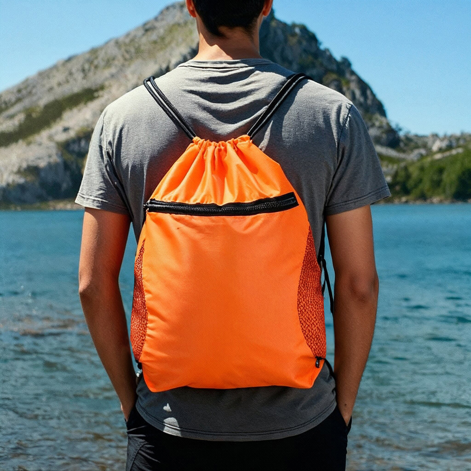 Drawstring Sports Backpack With Mesh-Sided Front Zipper Pocket 2