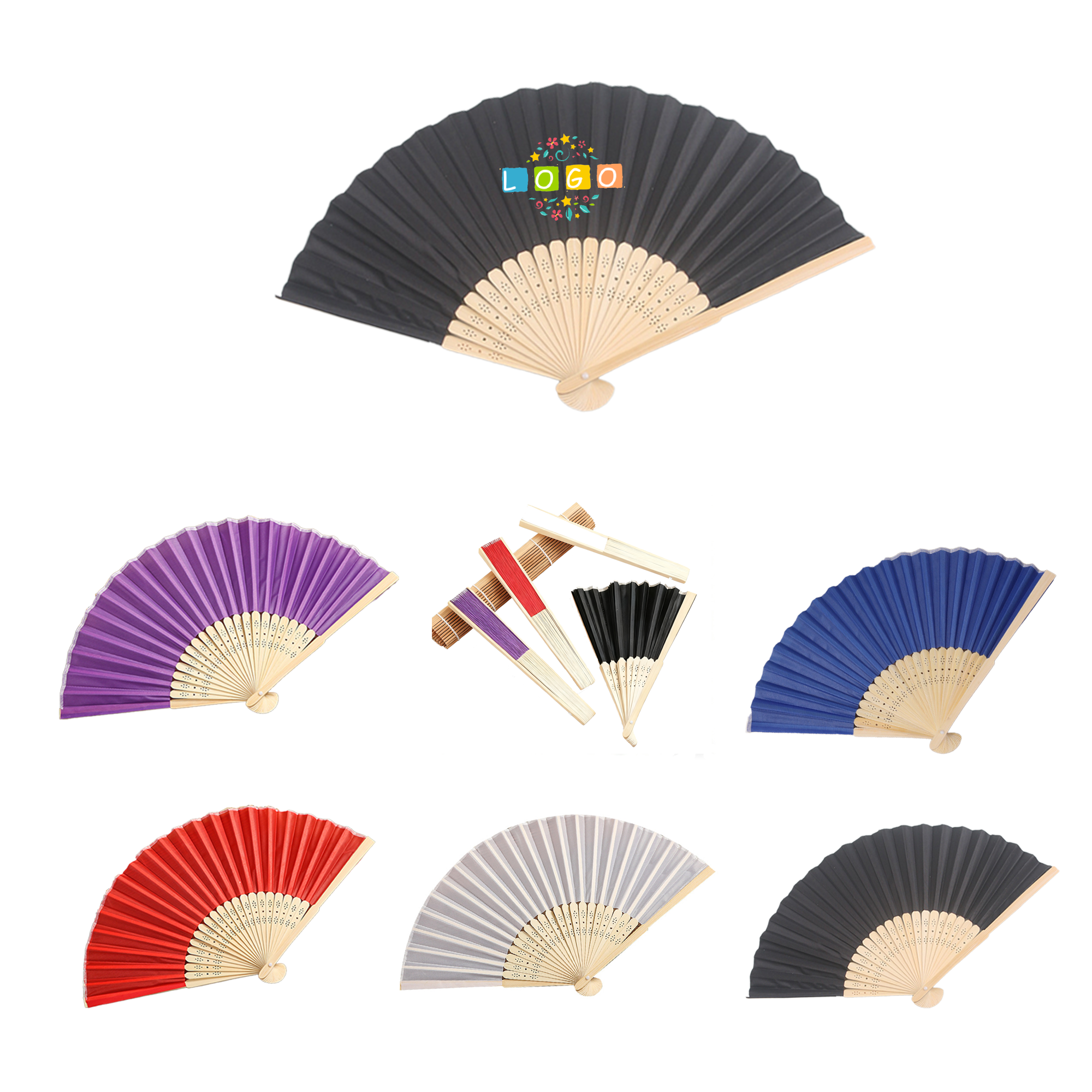 Bamboo Made Polyester Fabric Folding Fan 2