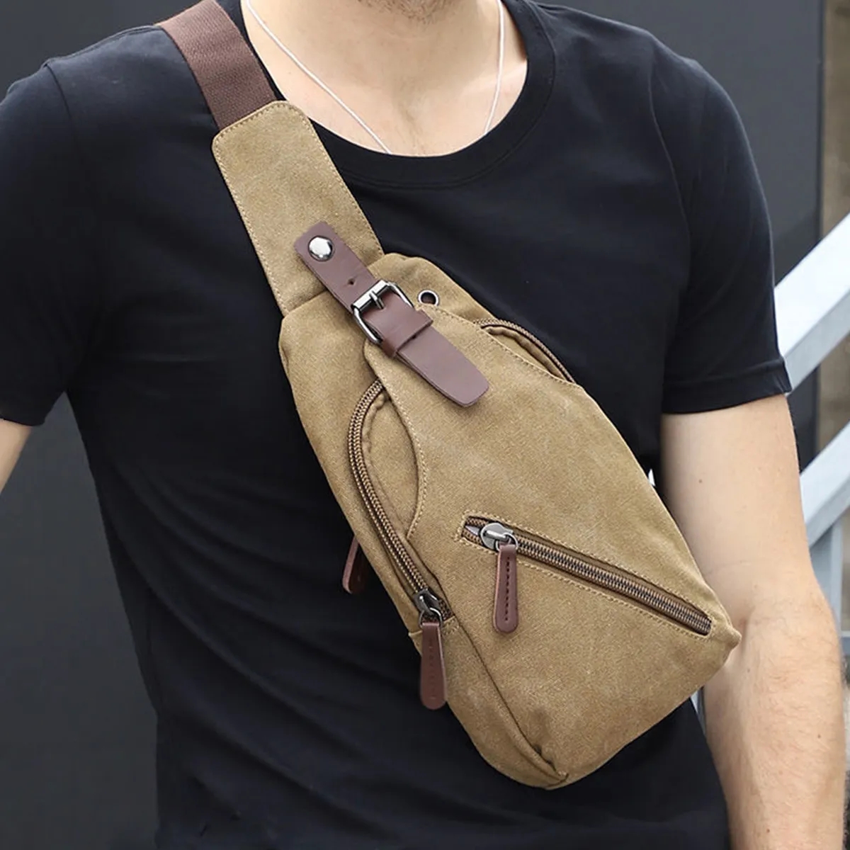 Casual Canvas Crossbody Sling Bag With Leather Accents 7