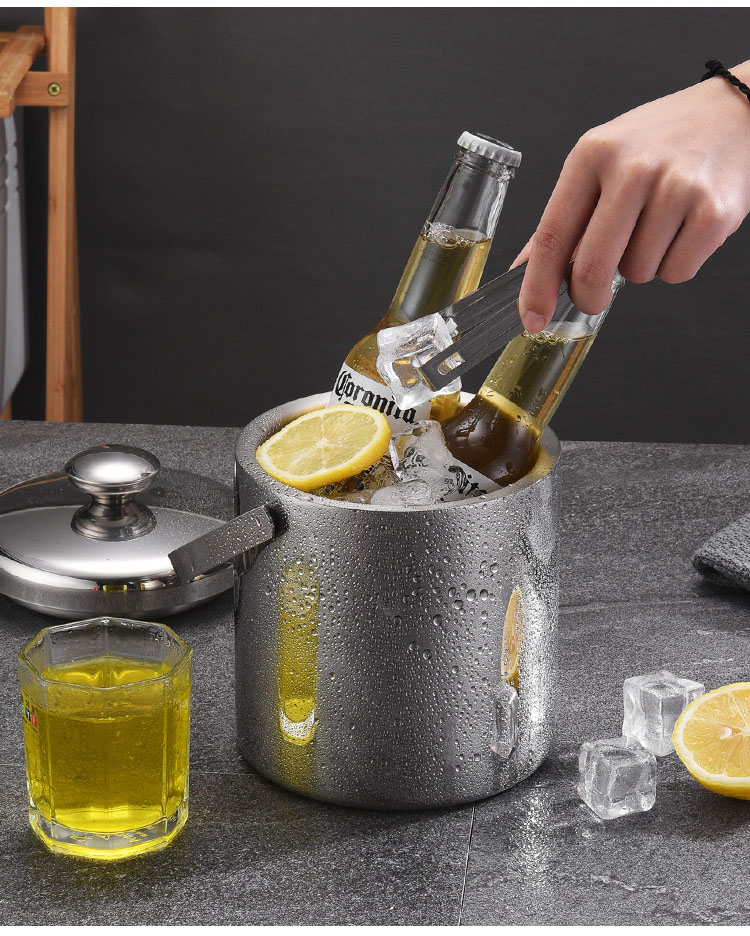 Double Wall Stainless Steel Insulated Ice Bucket with Lid Strainer and Tongs 9
