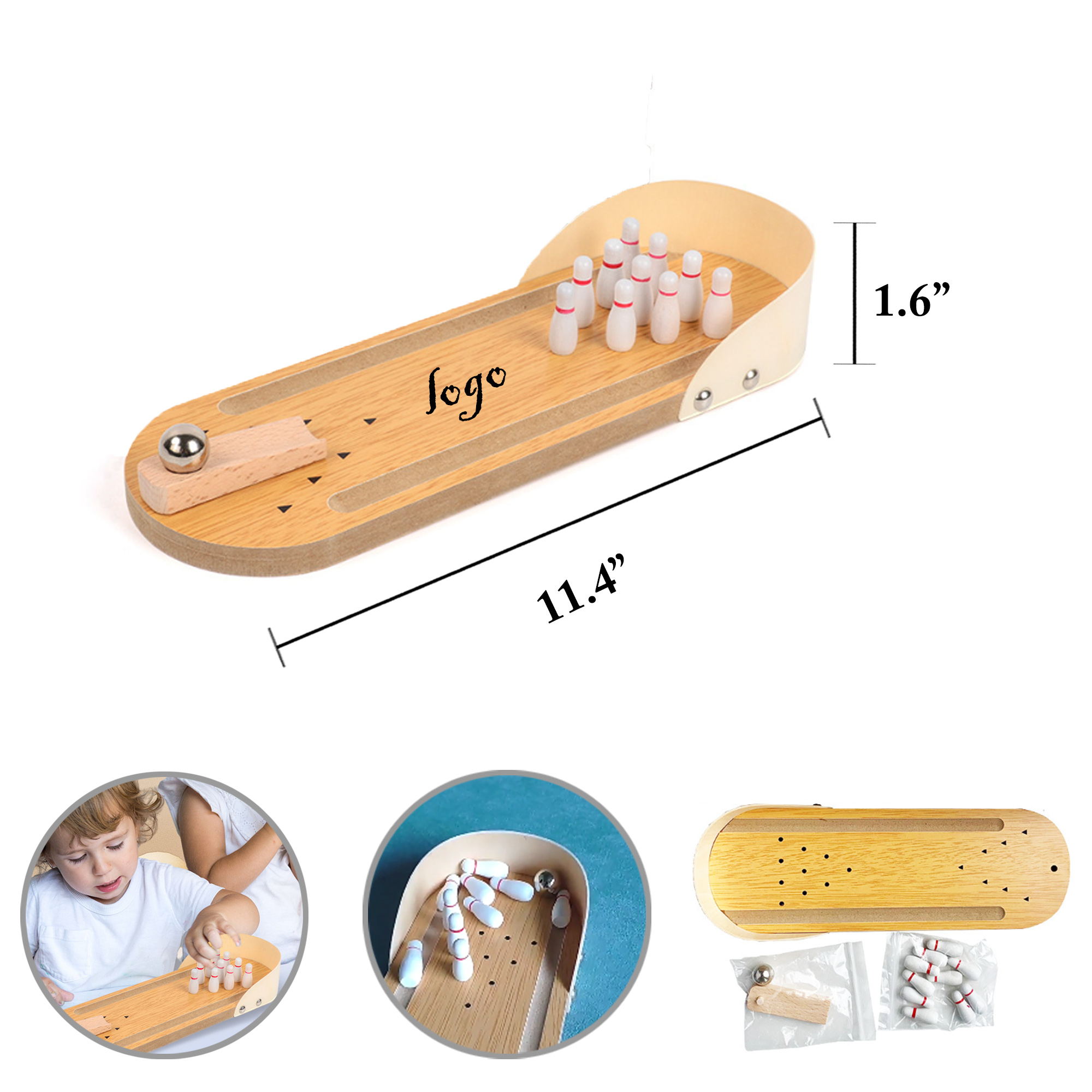 MOQ25 Wooden Mini Bowling Set Interactive Kids Toy 2