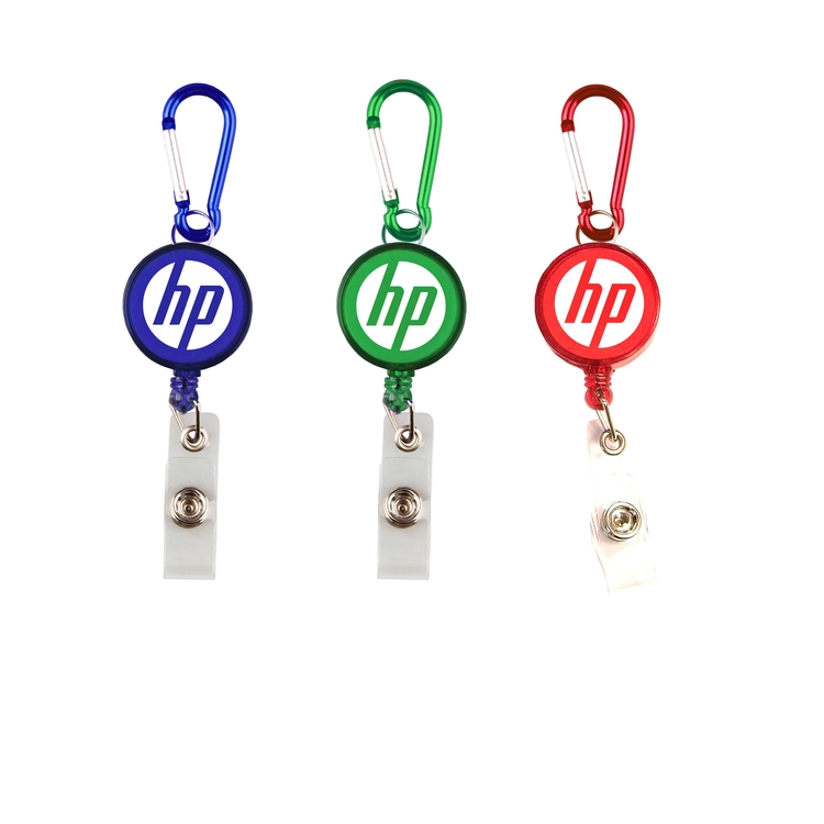 Round retractable badge holder with carabiner. 1