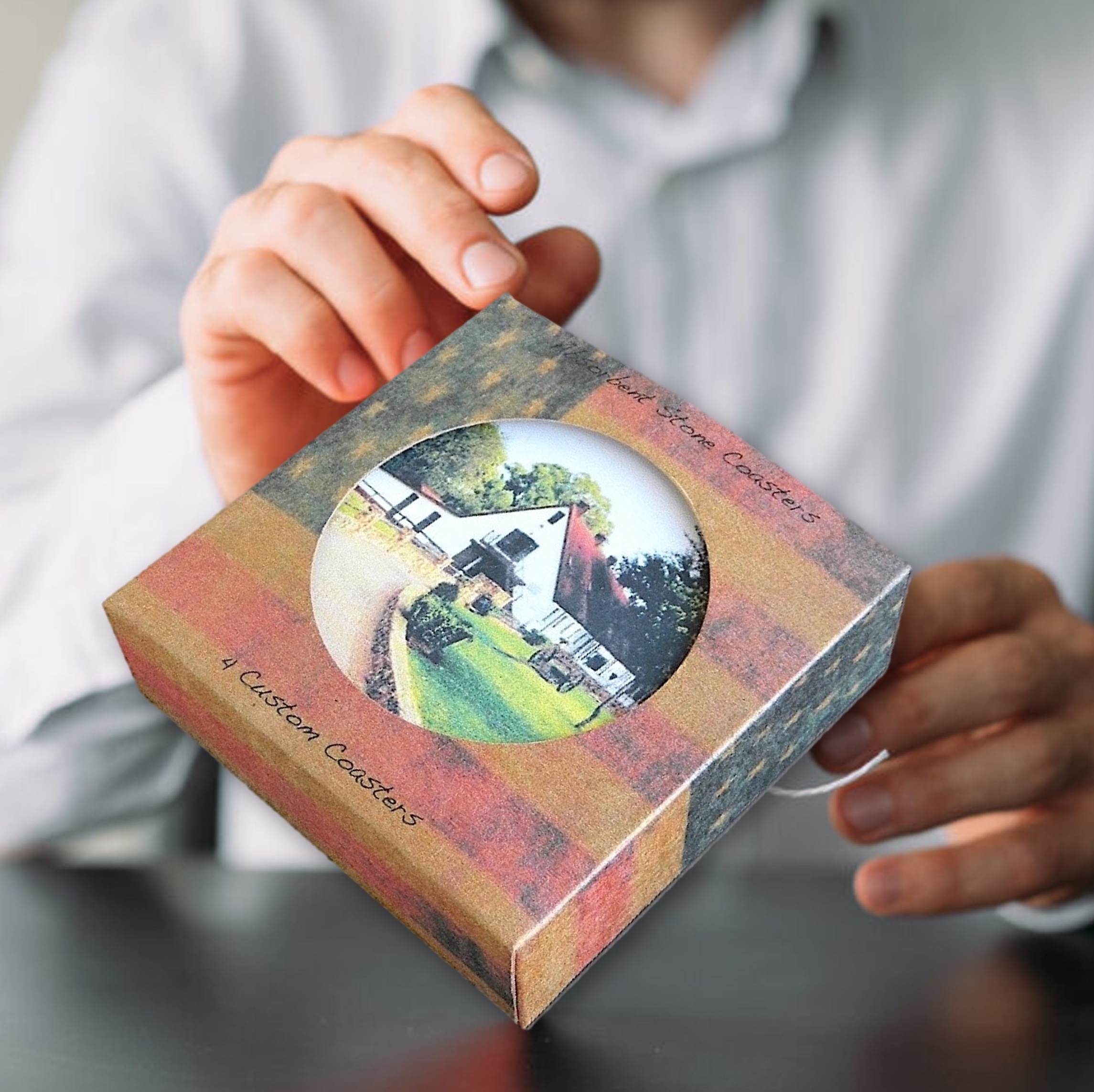 4 Round Absorbent Stone Coasters in a Fully Custom Printed Coaster Box - Basic Print 4