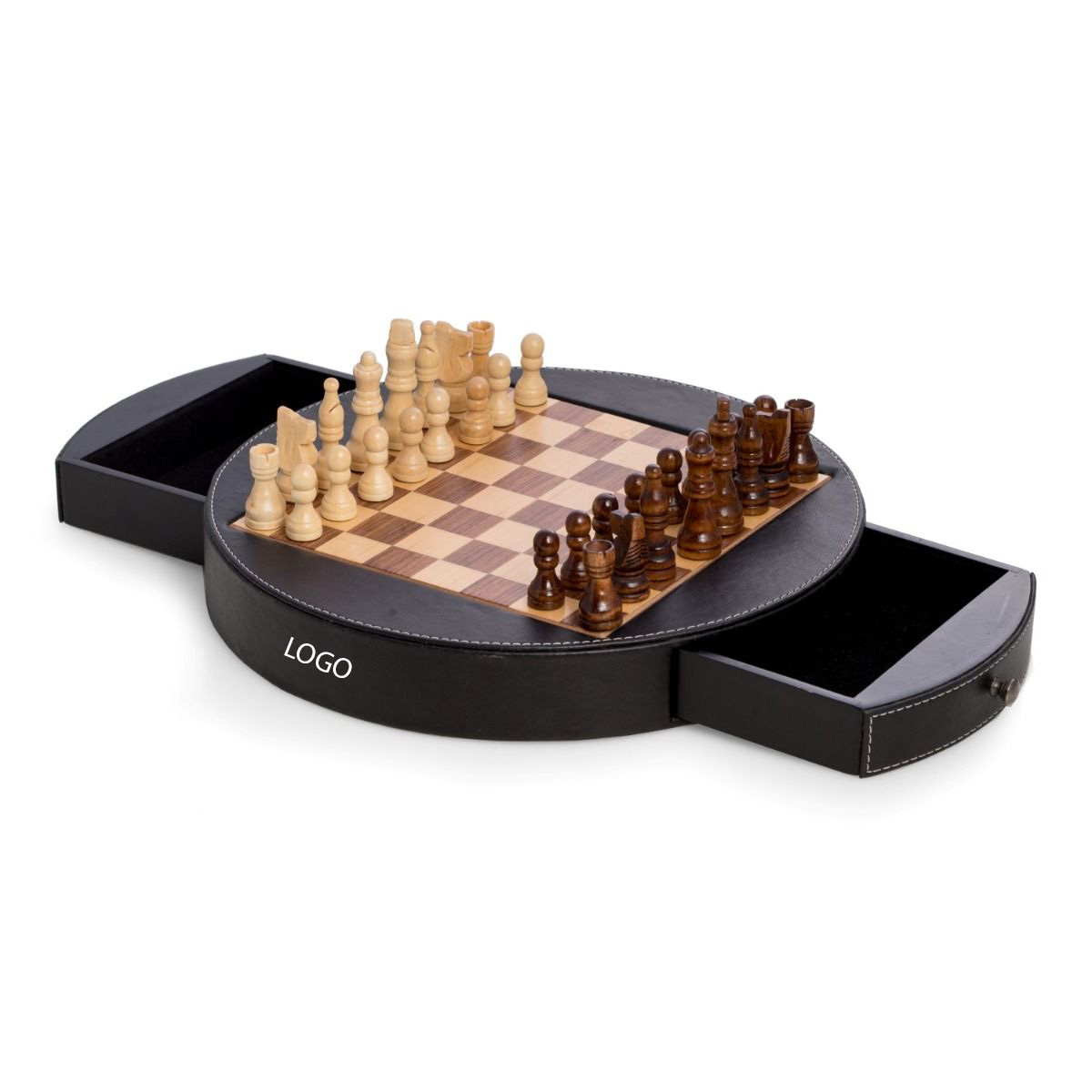 Deluxe Chess Set in Wood with Black Leather Wrapped Around the inlaid Playing Board with Drawer for 2