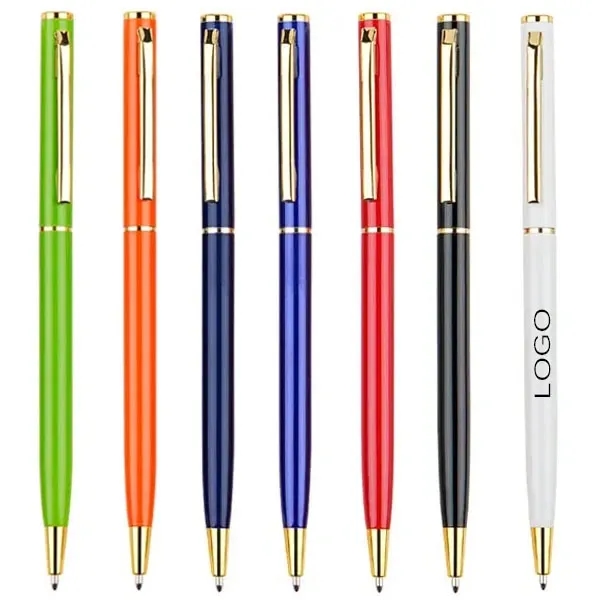 Slim Metal Hotel Ballpoint Pen w/ Gold Trim 6