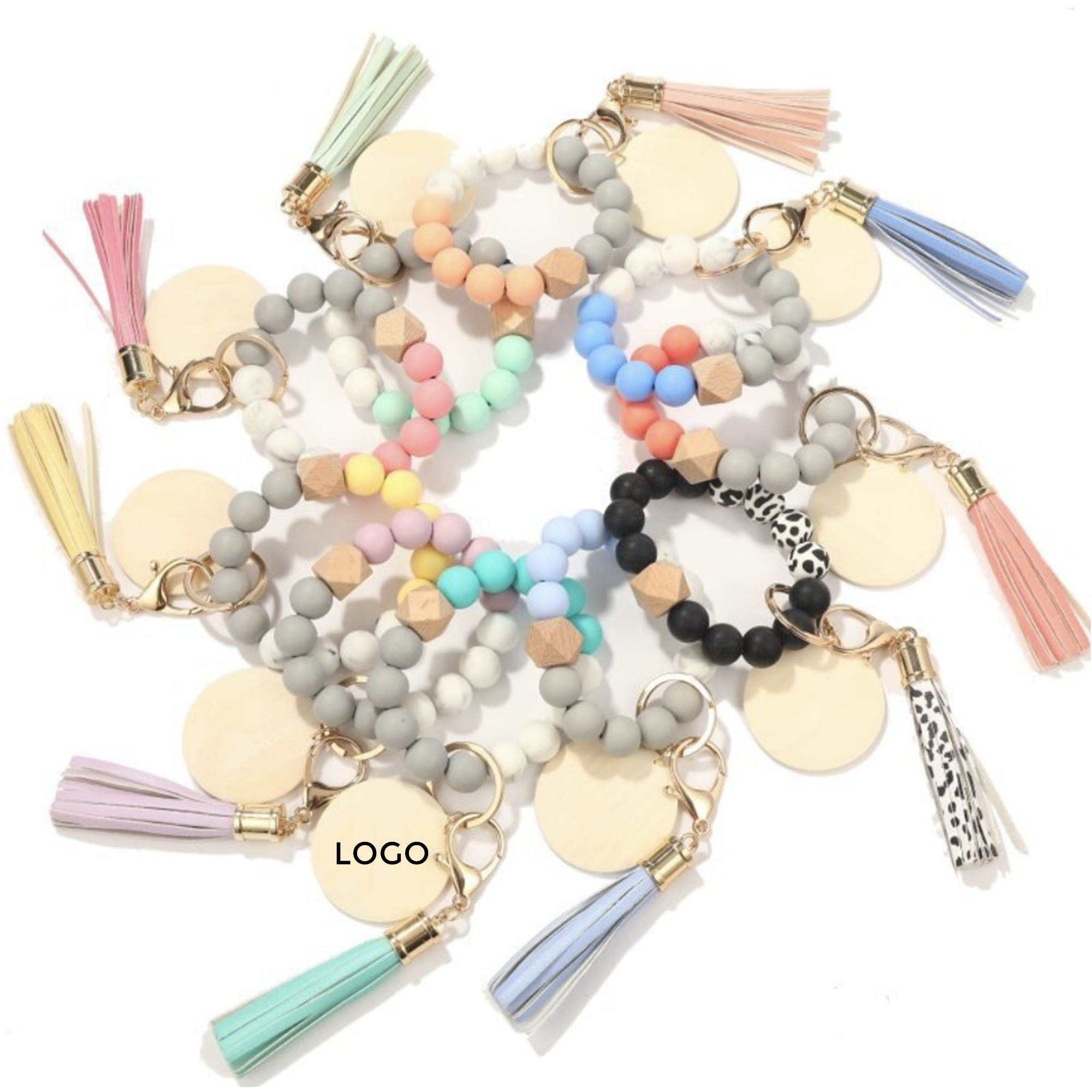 MOQ 10 PCS Customizable Silicone Key Bead Wood Bracelet Keychain 16