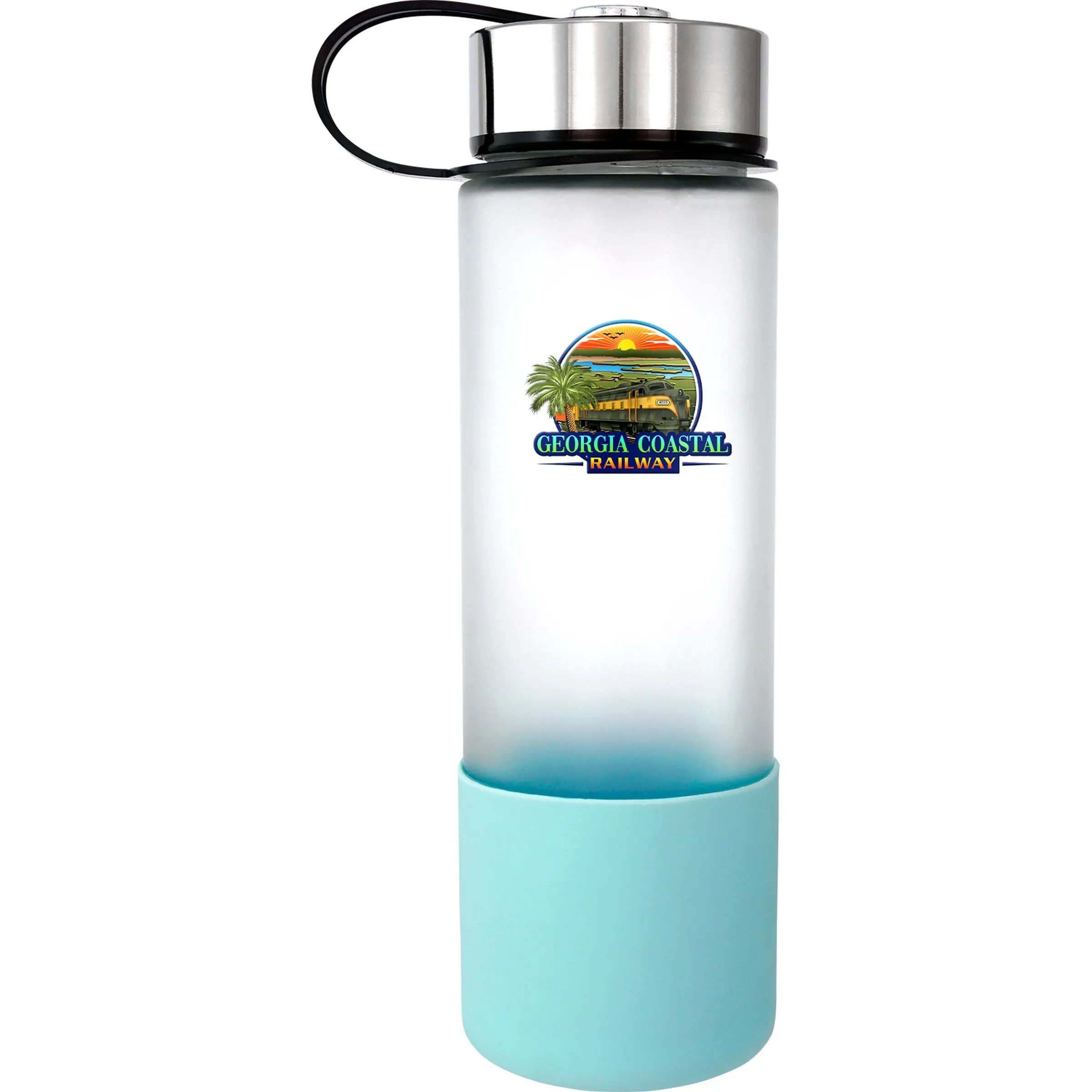 Metal Lanyard Lid 22oz. Full Color Frosted Glass Grip Bottle 14