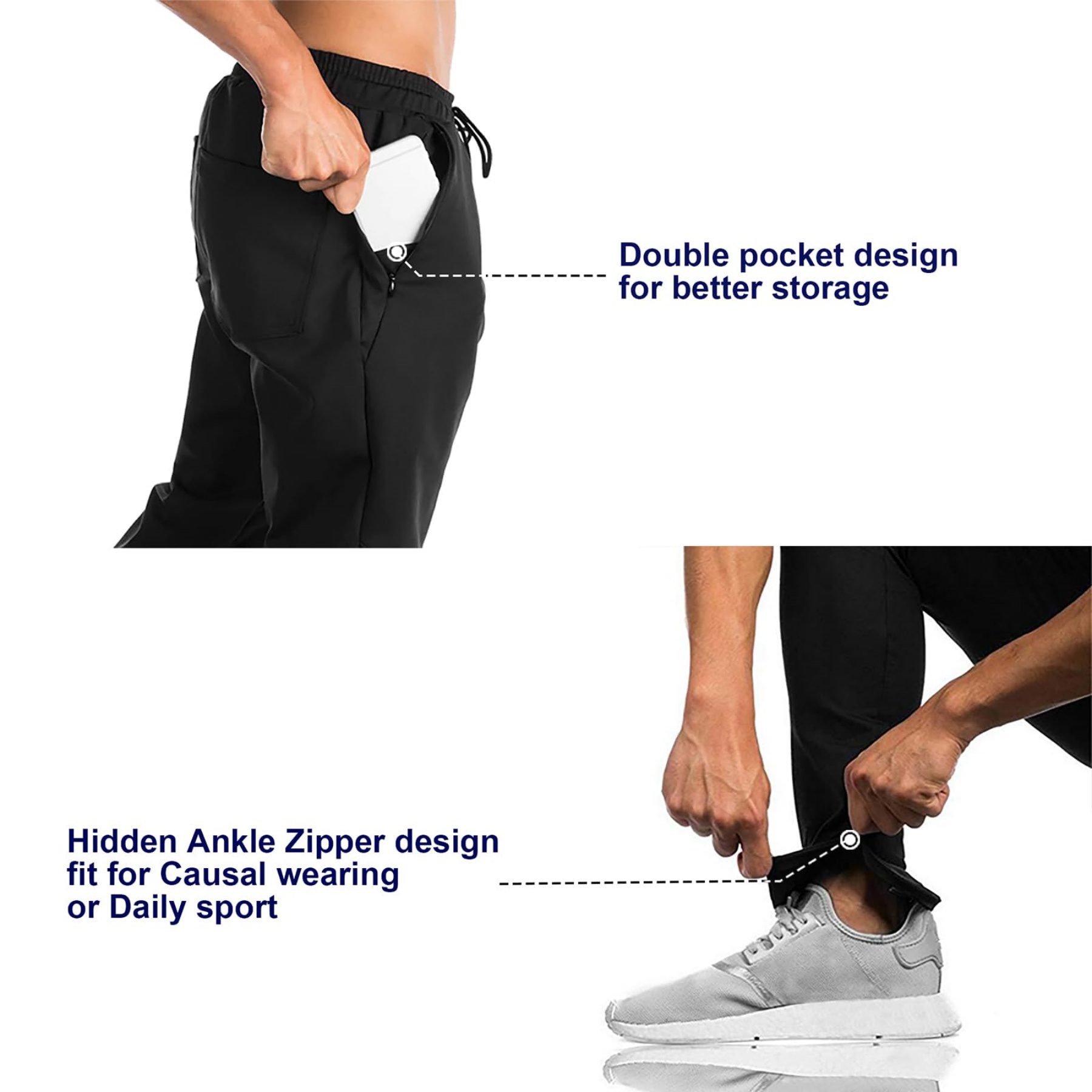 Mens Jogger Sport Pants, Casual Zipper Gym Workout Sweatpants Pockets 3