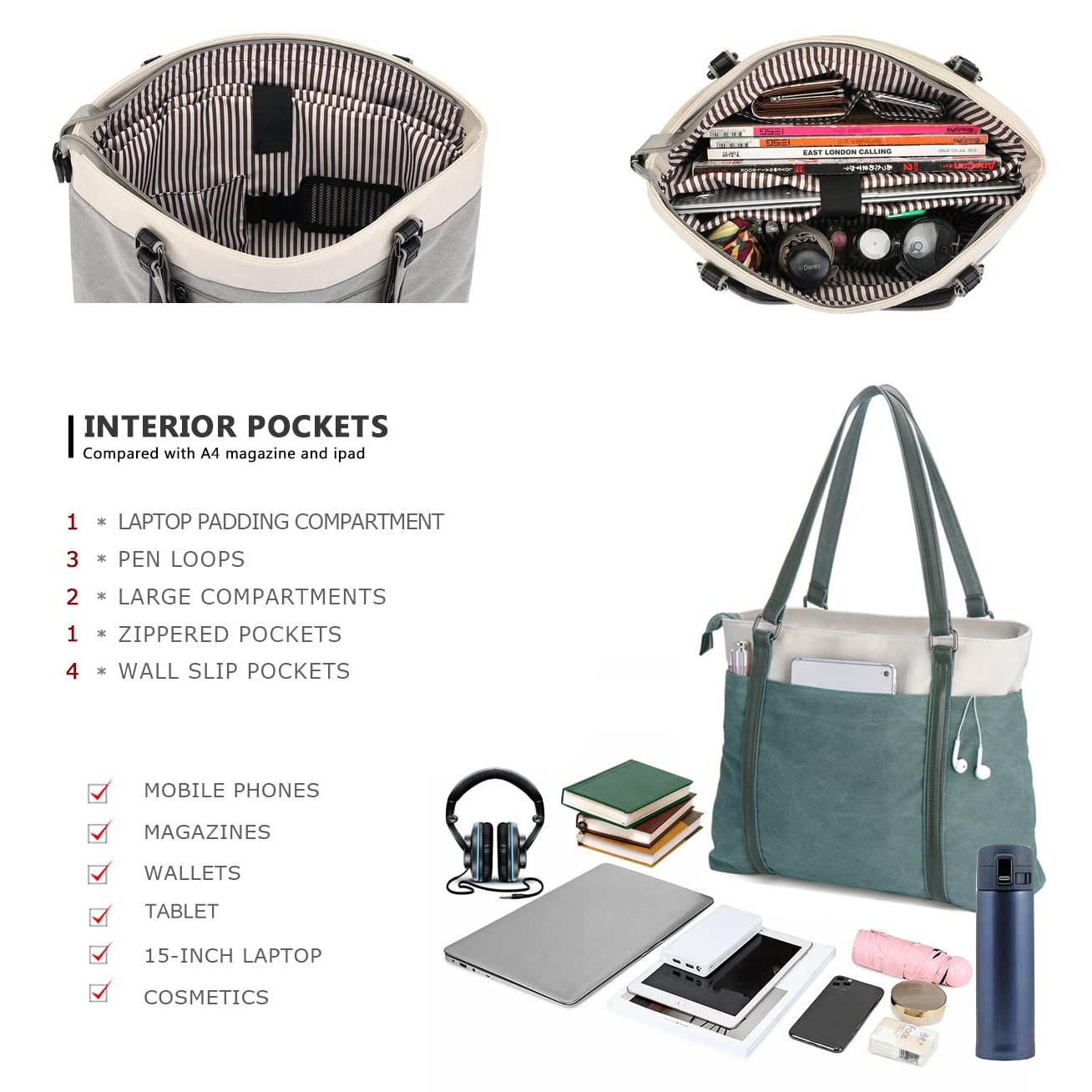 Work Bag with Laptop Compartment Zipper Pockets Teacher Totes Purse 3