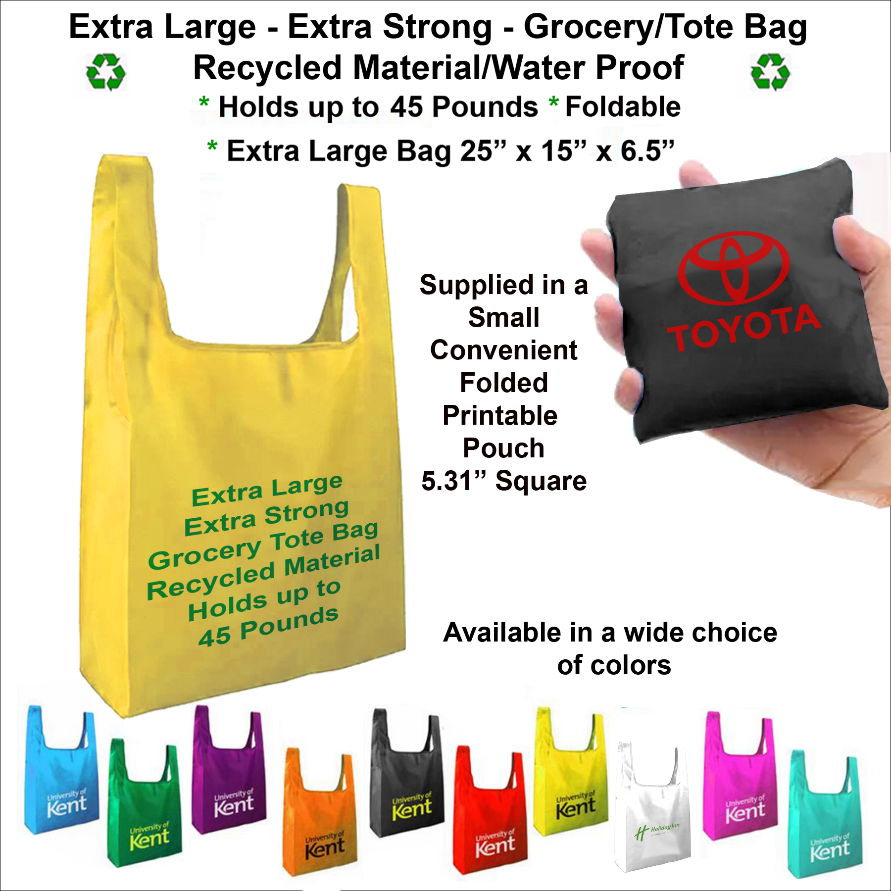 Extra Large, Extra Strong Grocery/Tote Bag - Holds up to 45 Pounds, Recycled Material - Water Proof